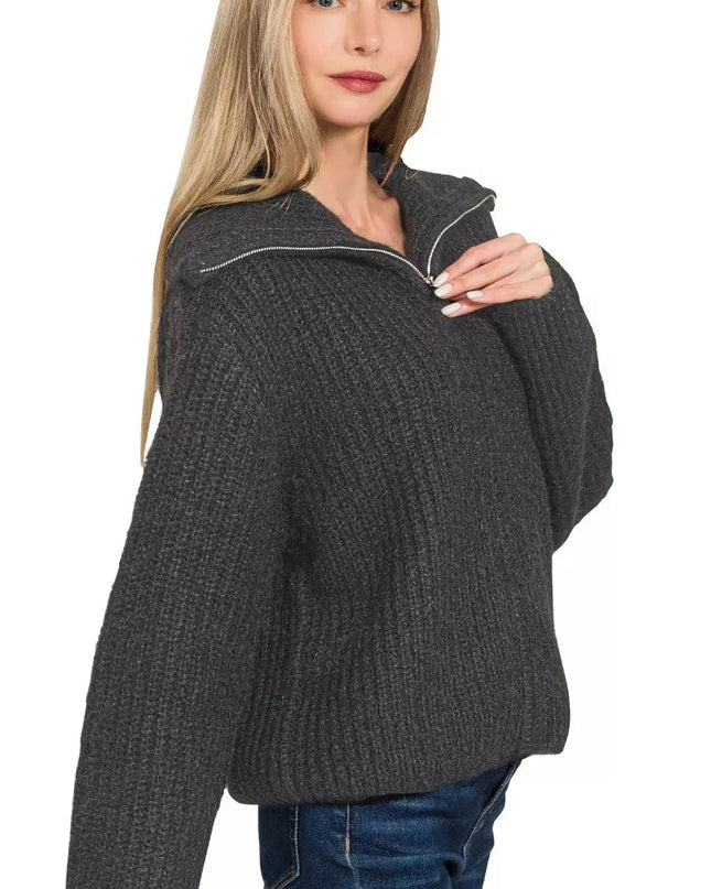 Zenana High Neck Full Zip Sweater Cardigan - Sleekdenim.com