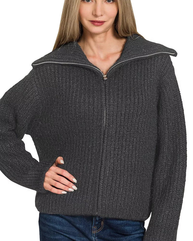 Zenana High Neck Full Zip Sweater Cardigan - Sleekdenim.com