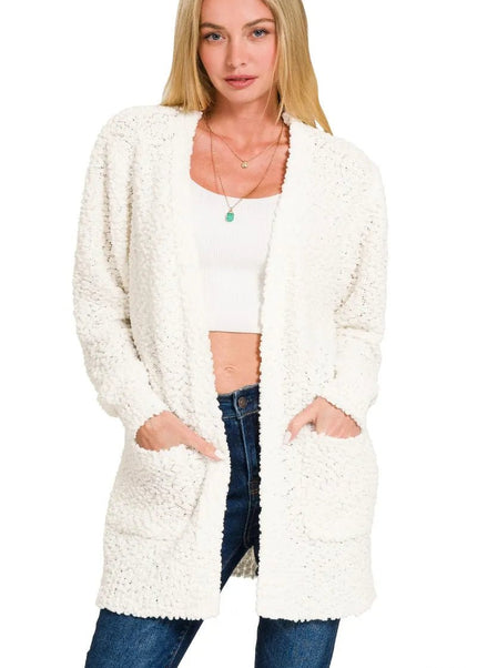 Zenana Long Sleeve Popcorn Sweater Cardigan with Pockets - Sleekdenim.com