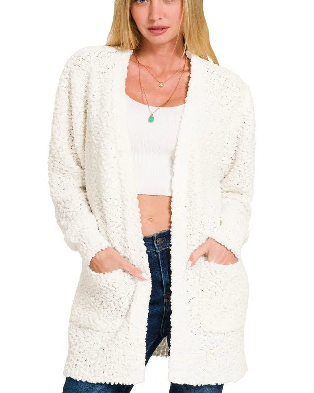 Zenana Long Sleeve Popcorn Sweater Cardigan with Pockets - Sleekdenim.com