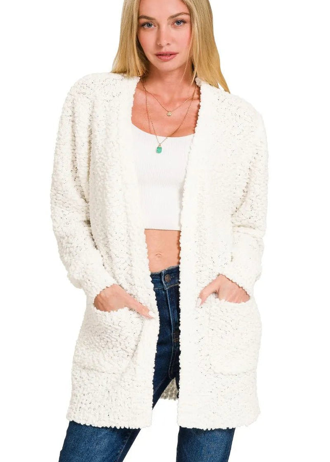 Zenana Long Sleeve Popcorn Sweater Cardigan with Pockets - Sleekdenim.com