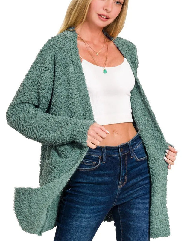 Zenana Long Sleeve Popcorn Sweater Cardigan with Pockets - Sleekdenim.com