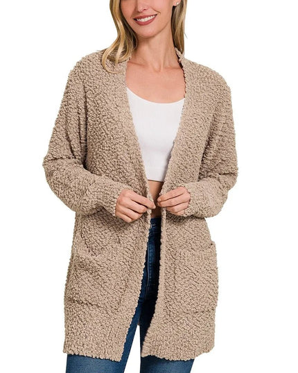 Zenana Long Sleeve Popcorn Sweater Cardigan with Pockets - Sleekdenim.com