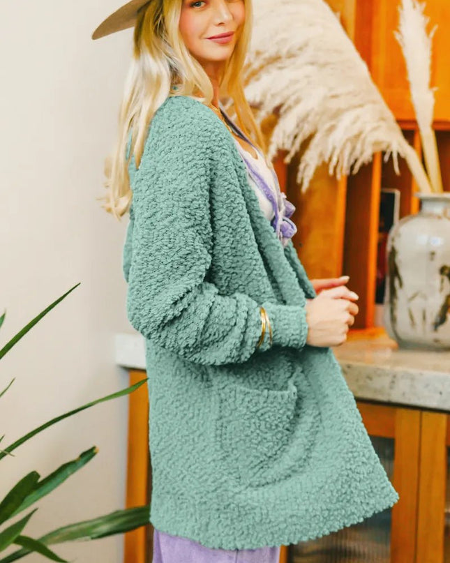 Zenana Long Sleeve Popcorn Sweater Cardigan with Pockets - Sleekdenim.com