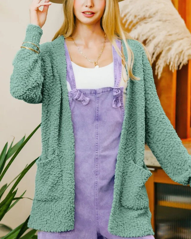 Zenana Long Sleeve Popcorn Sweater Cardigan with Pockets - Sleekdenim.com