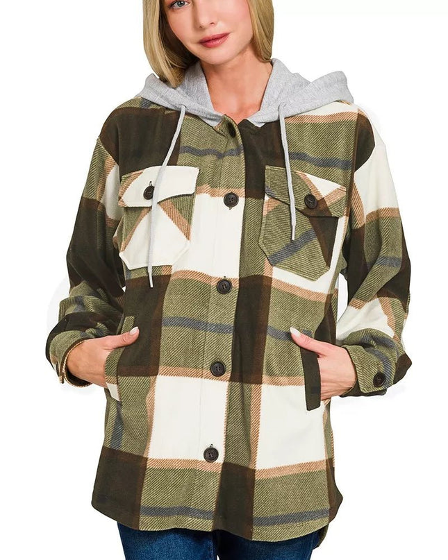 Zenana Plaid Drawstring Hooded Fleece Shacket - Sleekdenim.com