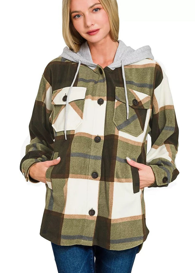 Zenana Plaid Drawstring Hooded Fleece Shacket - Sleekdenim.com