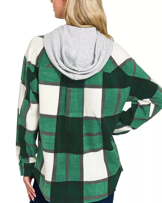 Zenana Plaid Drawstring Hooded Fleece Shacket - Sleekdenim.com