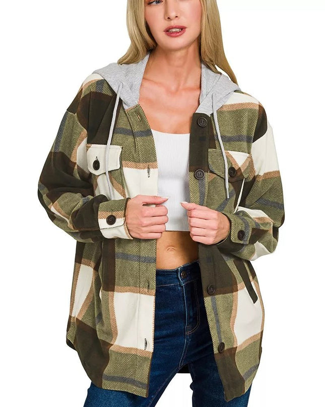Zenana Plaid Drawstring Hooded Fleece Shacket - Sleekdenim.com