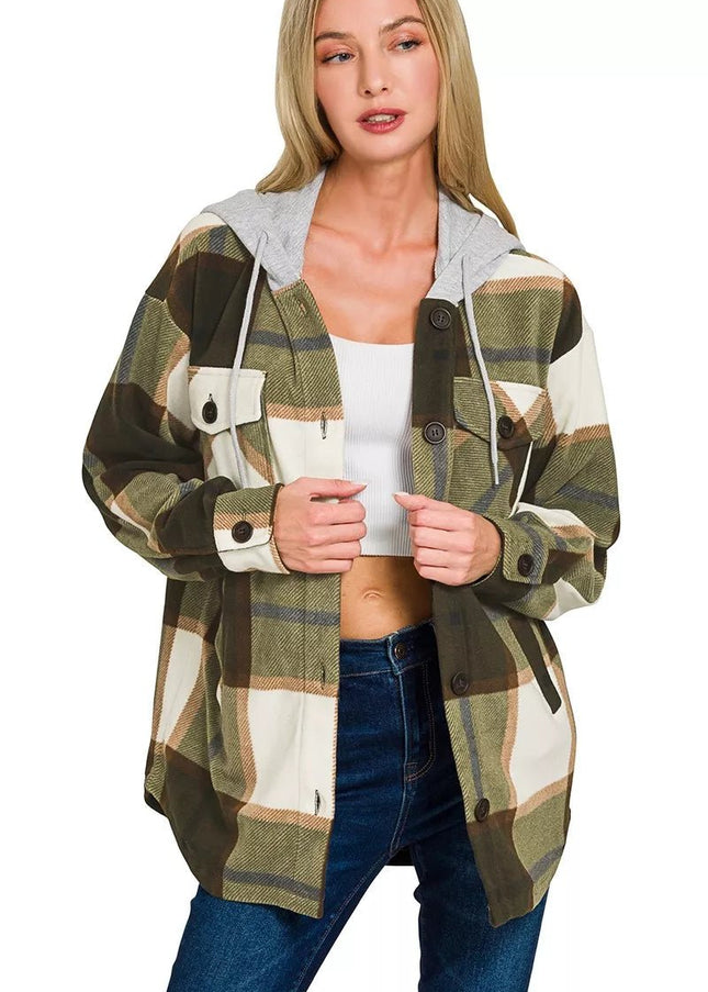 Zenana Plaid Drawstring Hooded Fleece Shacket - Sleekdenim.com