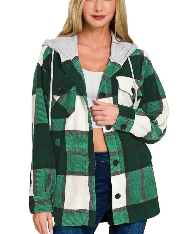 Zenana Plaid Drawstring Hooded Fleece Shacket - Sleekdenim.com