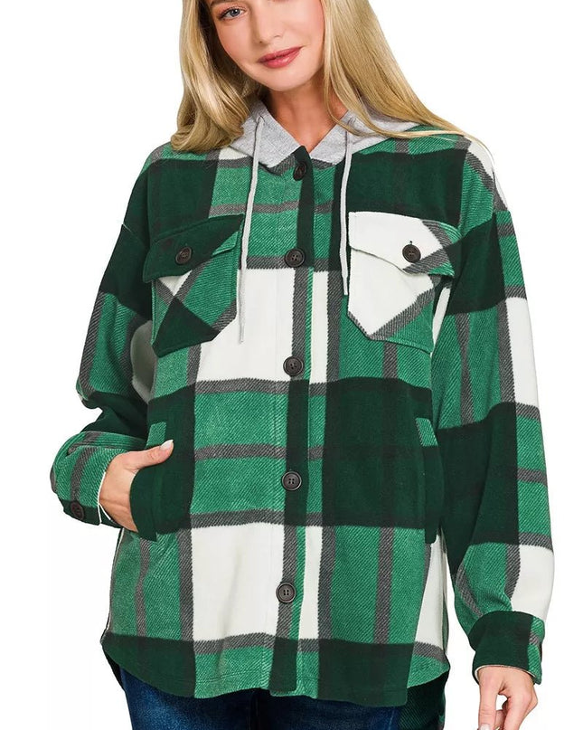 Zenana Plaid Drawstring Hooded Fleece Shacket - Sleekdenim.com
