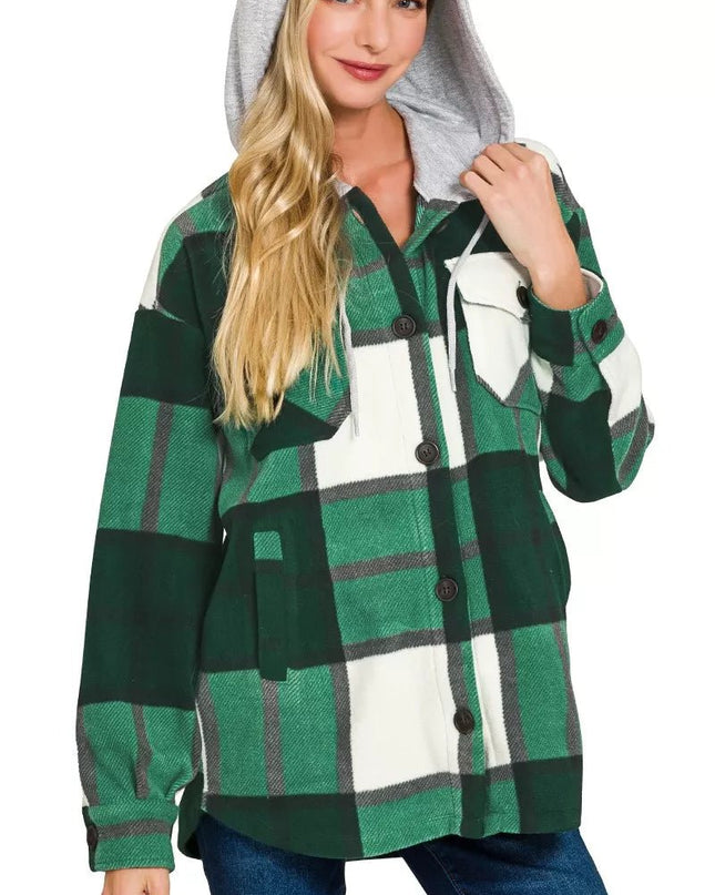 Zenana Plaid Drawstring Hooded Fleece Shacket - Sleekdenim.com