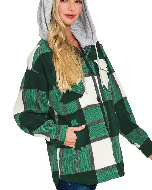 Zenana Plaid Drawstring Hooded Fleece Shacket - Sleekdenim.com