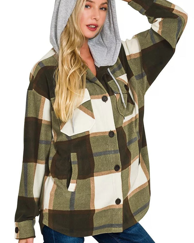 Zenana Plaid Drawstring Hooded Fleece Shacket - Sleekdenim.com