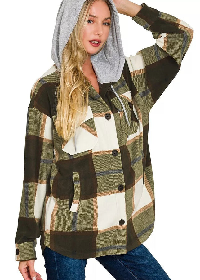 Zenana Plaid Drawstring Hooded Fleece Shacket - Sleekdenim.com