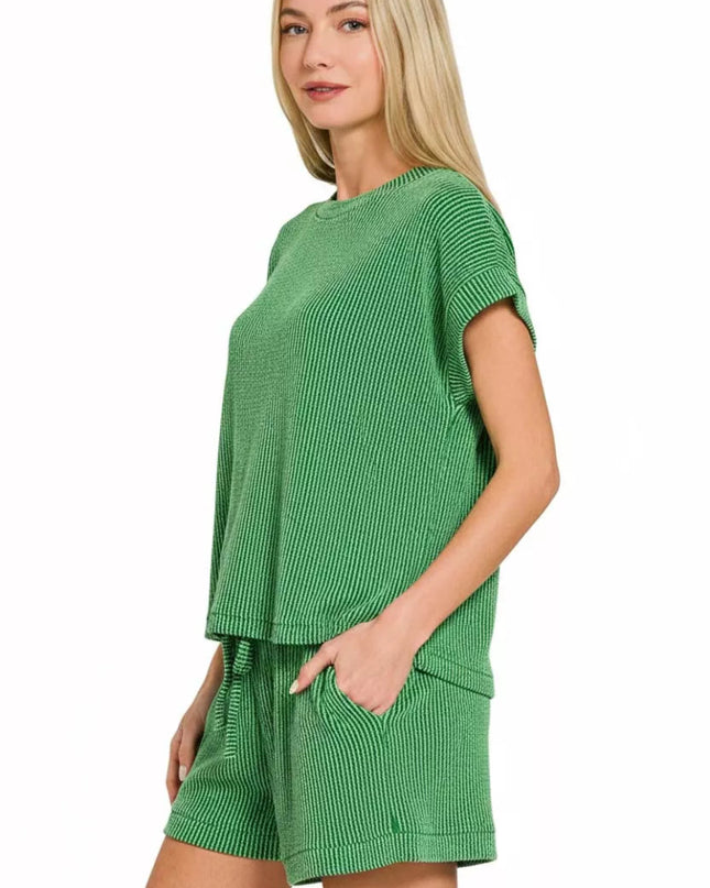 Zenana Raised Rib Cap Sleeve Top & Shorts Set - Sleekdenim.com