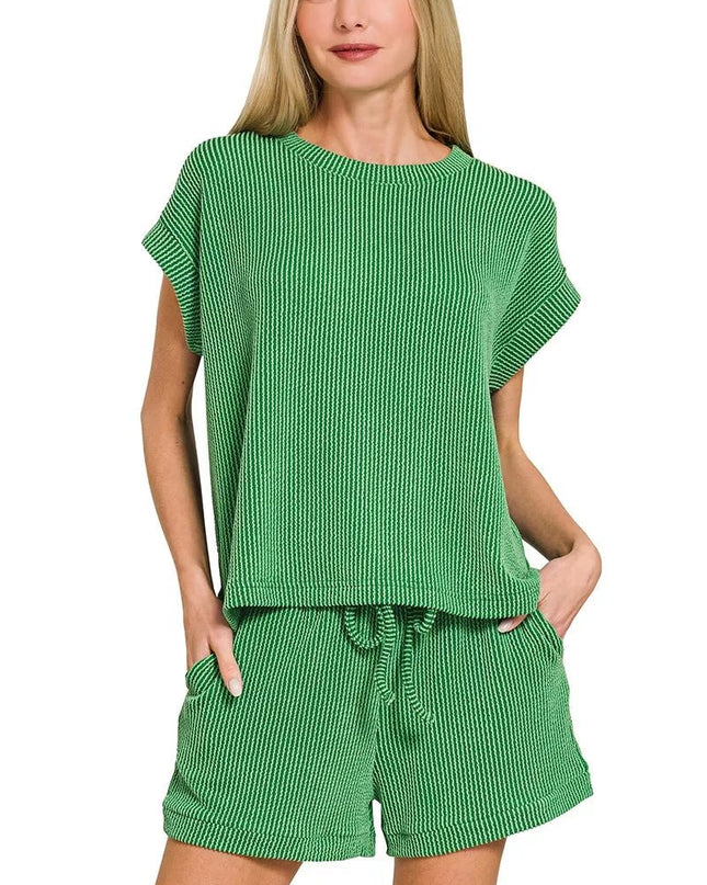 Zenana Raised Rib Cap Sleeve Top & Shorts Set - Sleekdenim.com