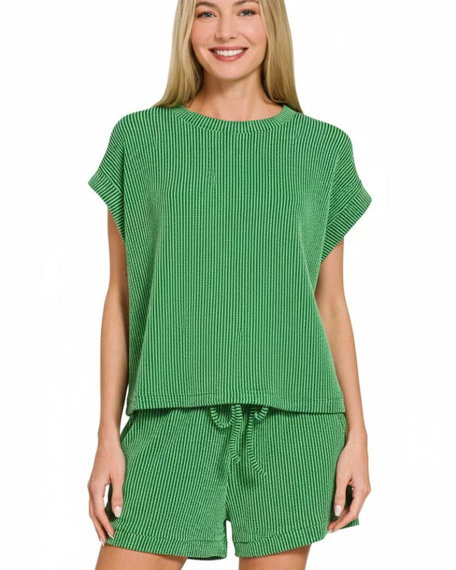 Zenana Raised Rib Cap Sleeve Top & Shorts Set - Sleekdenim.com
