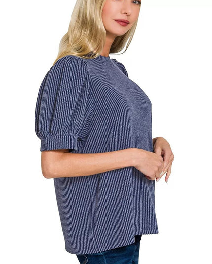 Zenana Raised Rib Puff Sleeve Top - Sleekdenim.com