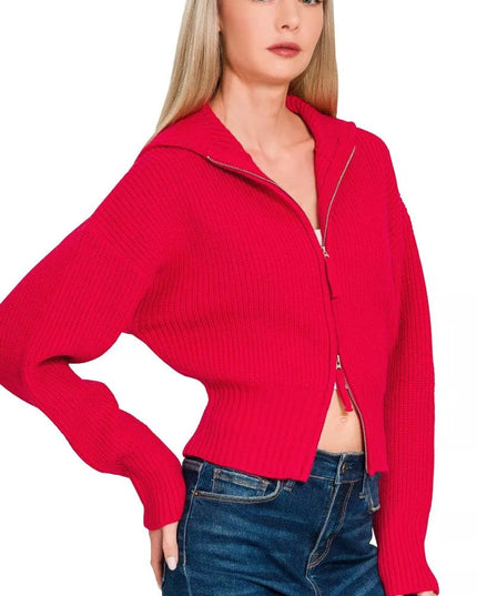 Zenana Ribbed Collared Zip Up Sweater Cardigan - Sleekdenim.com