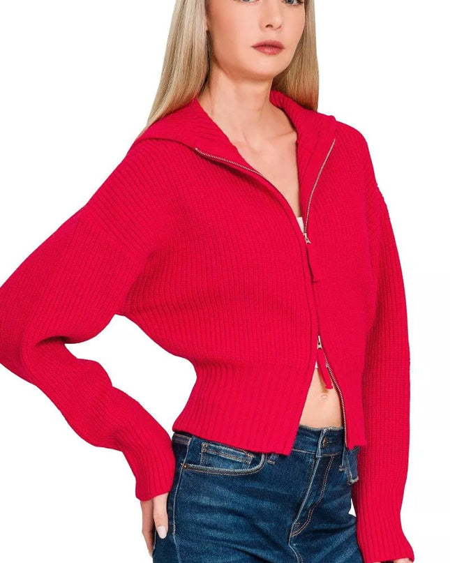 Zenana Ribbed Collared Zip Up Sweater Cardigan - Sleekdenim.com