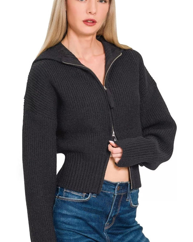 Zenana Ribbed Collared Zip Up Sweater Cardigan - Sleekdenim.com