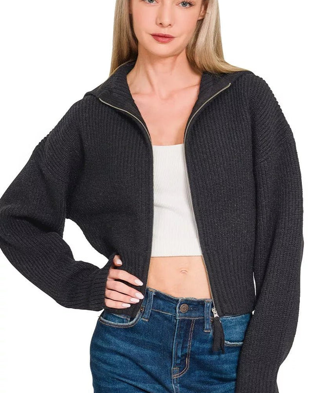 Zenana Ribbed Collared Zip Up Sweater Cardigan - Sleekdenim.com