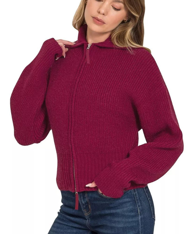Zenana Ribbed Collared Zip Up Sweater Cardigan - Sleekdenim.com