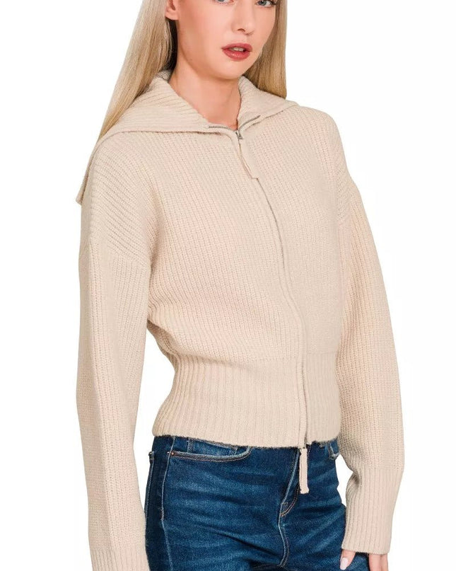 Zenana Ribbed Collared Zip Up Sweater Cardigan - Sleekdenim.com