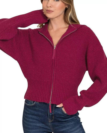 Zenana Ribbed Collared Zip Up Sweater Cardigan - Sleekdenim.com