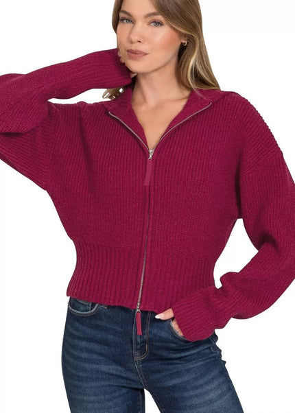 Zenana Ribbed Collared Zip Up Sweater Cardigan - Sleekdenim.com