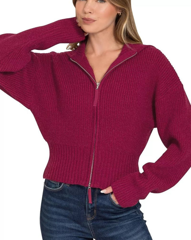 Zenana Ribbed Collared Zip Up Sweater Cardigan - Sleekdenim.com