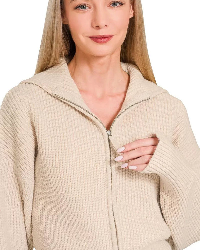Zenana Ribbed Collared Zip Up Sweater Cardigan - Sleekdenim.com