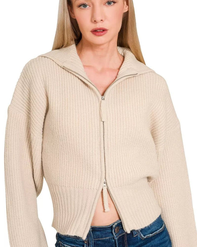 Zenana Ribbed Collared Zip Up Sweater Cardigan - Sleekdenim.com