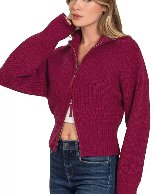 Zenana Ribbed Collared Zip Up Sweater Cardigan - Sleekdenim.com