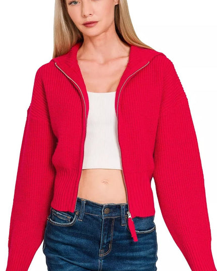Zenana Ribbed Collared Zip Up Sweater Cardigan - Sleekdenim.com