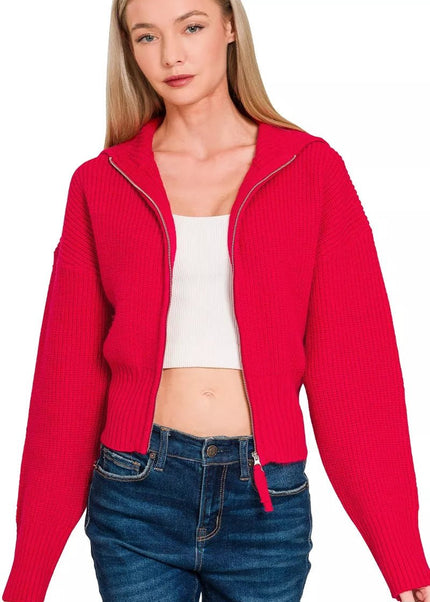 Zenana Ribbed Collared Zip Up Sweater Cardigan - Sleekdenim.com