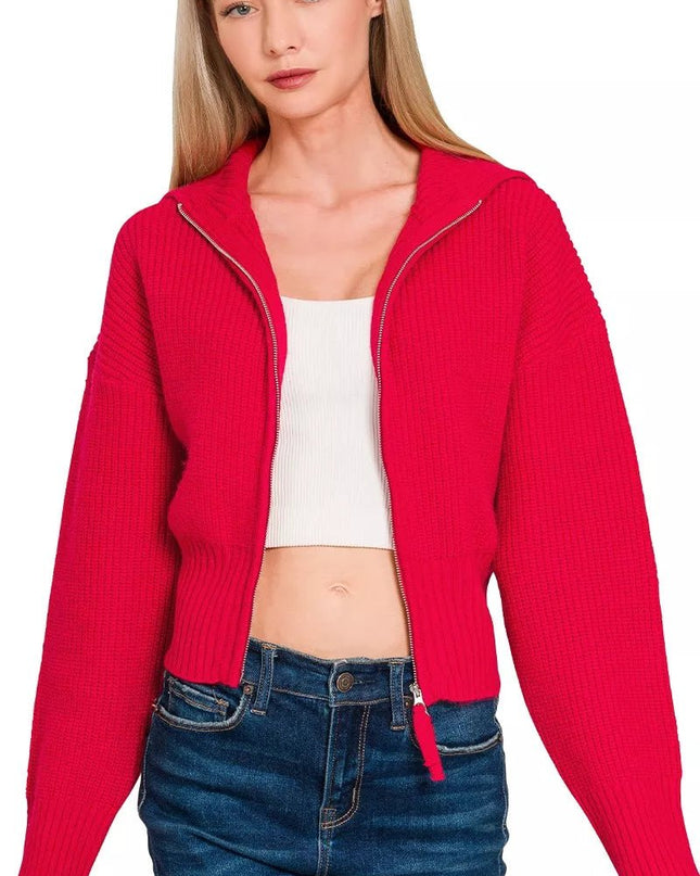 Zenana Ribbed Collared Zip Up Sweater Cardigan - Sleekdenim.com