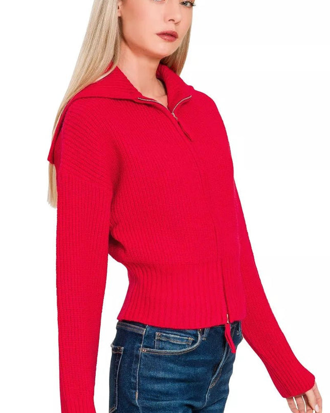 Zenana Ribbed Collared Zip Up Sweater Cardigan - Sleekdenim.com