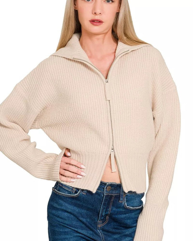Zenana Ribbed Collared Zip Up Sweater Cardigan - Sleekdenim.com