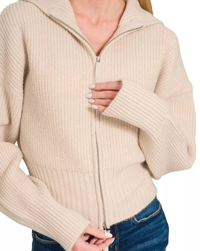 Zenana Ribbed Collared Zip Up Sweater Cardigan - Sleekdenim.com