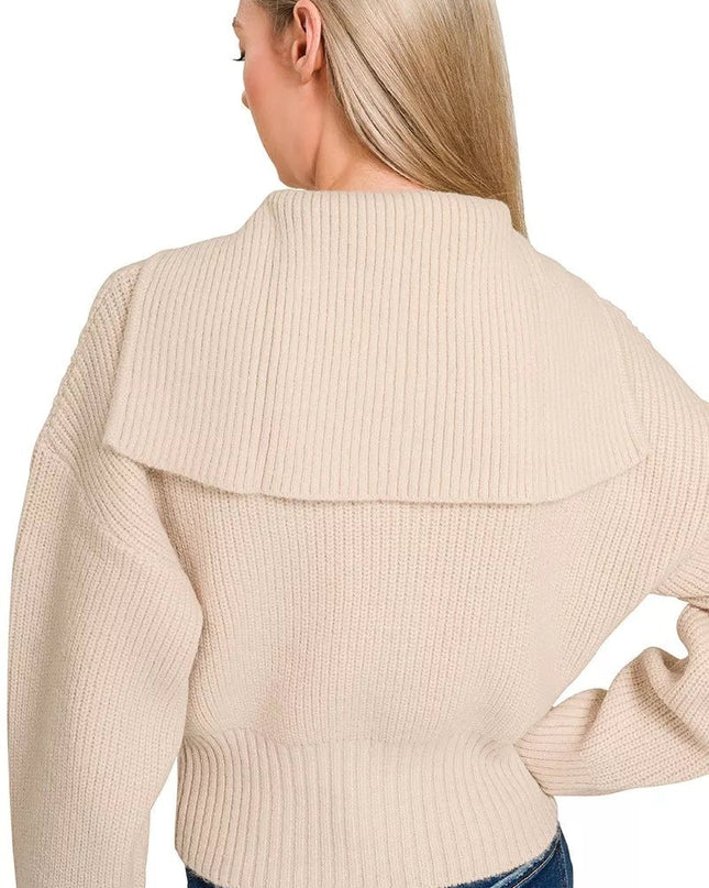 Zenana Ribbed Collared Zip Up Sweater Cardigan - Sleekdenim.com