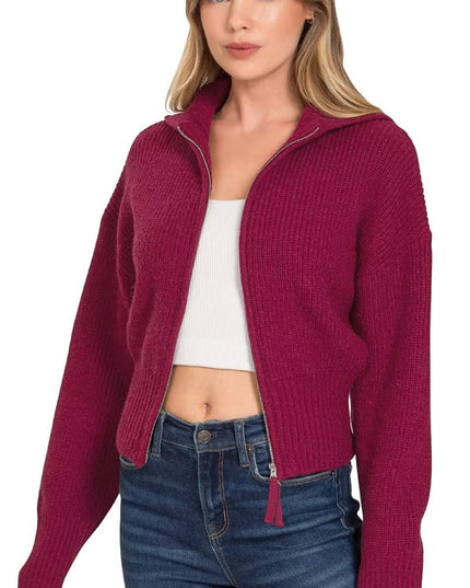 Zenana Ribbed Collared Zip Up Sweater Cardigan - Sleekdenim.com