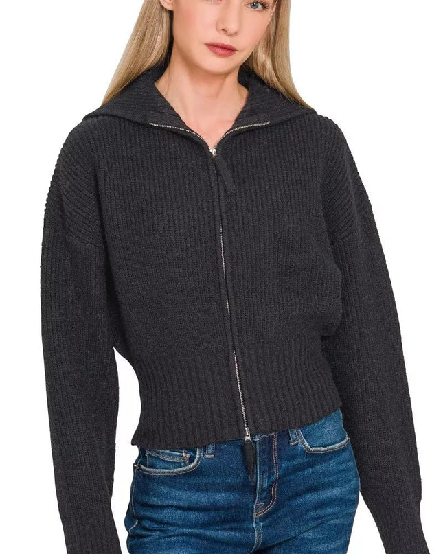 Zenana Ribbed Collared Zip Up Sweater Cardigan - Sleekdenim.com