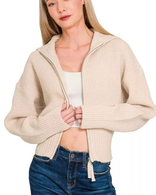Zenana Ribbed Collared Zip Up Sweater Cardigan - Sleekdenim.com