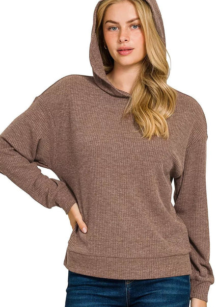 Zenana Ribbed Long Sleeve Hoodie - Sleekdenim.com