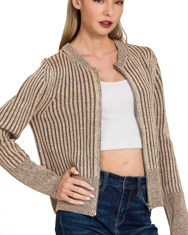 Zenana Ribbed Two Tone Zip Up Sweater Cardigan - Sleekdenim.com
