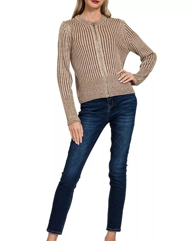Zenana Ribbed Two Tone Zip Up Sweater Cardigan - Sleekdenim.com