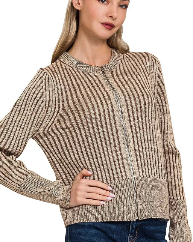 Zenana Ribbed Two Tone Zip Up Sweater Cardigan - Sleekdenim.com